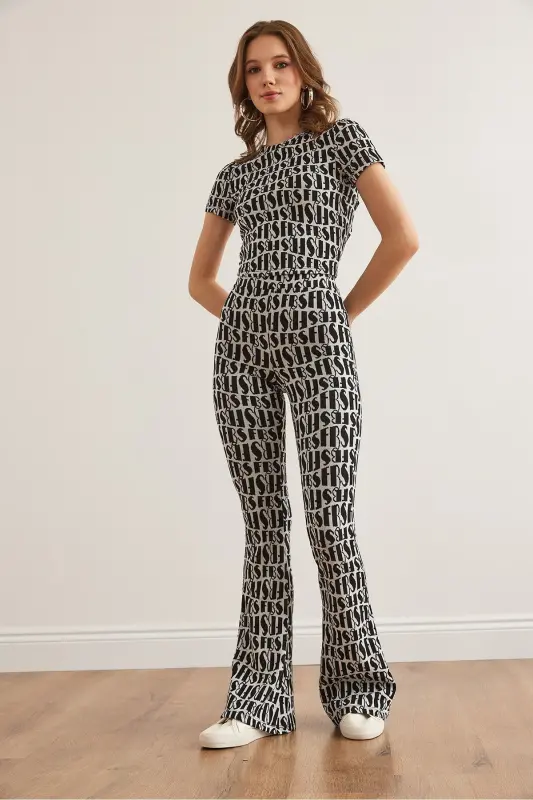 Woman Black White Backless Blouse Flared Pants - 4