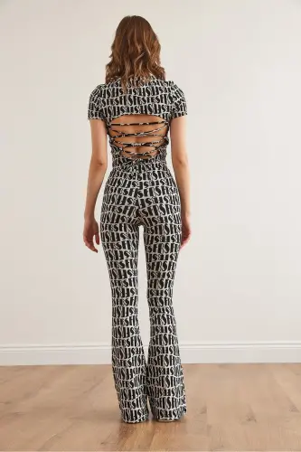 Woman Black White Backless Blouse Flared Pants - 5