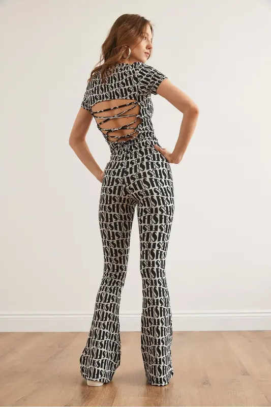 Woman Black White Backless Blouse Flared Pants - 6