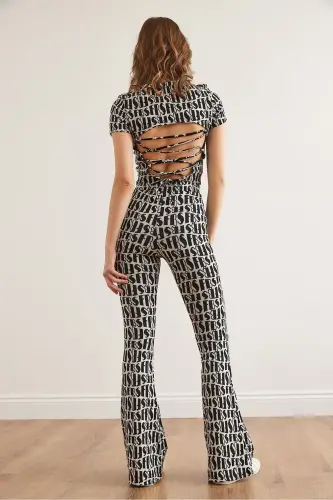 Woman Black White Backless Blouse Flared Pants - 7