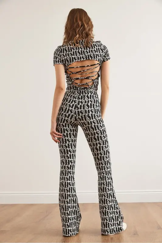 Woman Black White Backless Blouse Flared Pants - 7