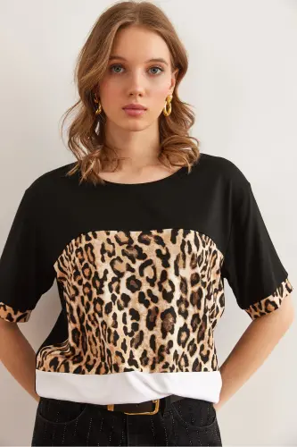 Woman Black White Dress Leopard Trim Knitted Viscose - OLALOOK (1)