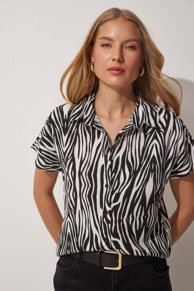 Woman Black White Floral Patterned Short Sleeve Viscose - 3