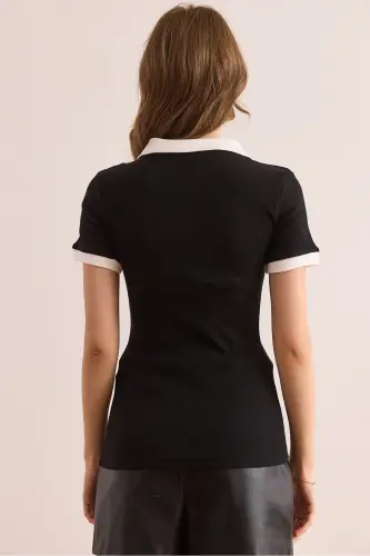 Woman Black White Polo Neck Color Detailed Flexible Cotton - OLALOOK (1)