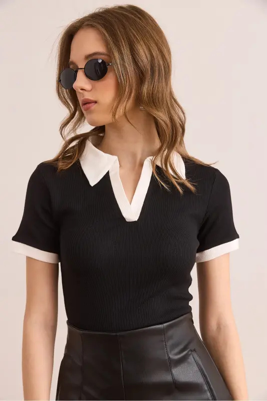 Woman Black White Polo Neck Color Detailed Flexible Cotton - 3