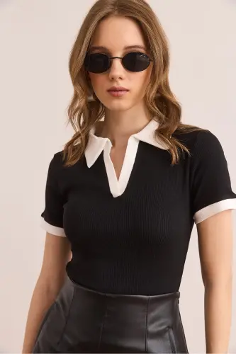 Woman Black White Polo Neck Color Detailed Flexible Cotton - 4