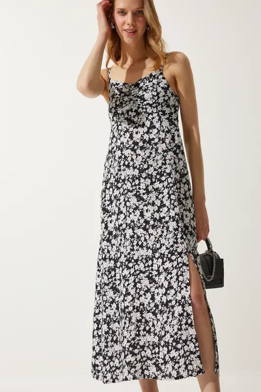 Woman Black White Sleeveless Patterned Viscose Dress UB00236-Black White - 2