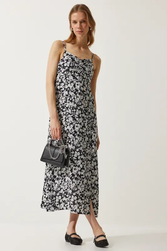 Woman Black White Sleeveless Patterned Viscose Dress UB00236-Black White - 4