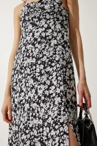 Woman Black White Sleeveless Patterned Viscose Dress UB00236-Black White - 5