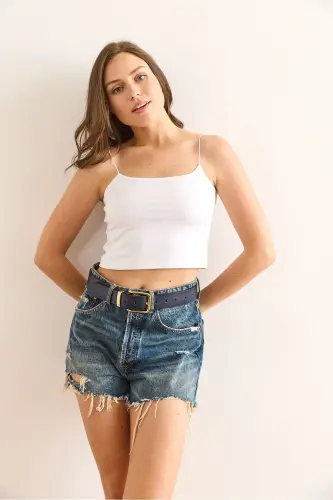 Woman Black White Spaghetti Strap Crop Top 2-Pack Blouse B - OLALOOK (1)