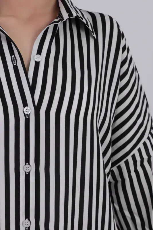 Woman Black-White Thin Striped Oversize Long Basic Shirt ARM-22Y001185-Black - 3
