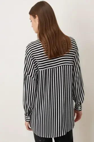 Woman Black-White Thin Striped Oversize Long Basic Shirt ARM-22Y001185-Black - 4