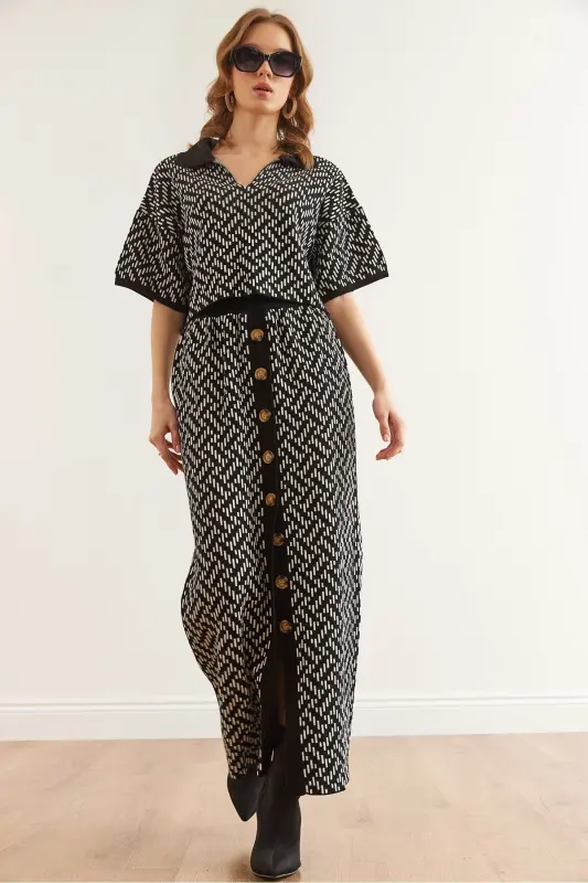 Woman Black Zigzag Patterned Skirted Knitwear Set - OLALOOK