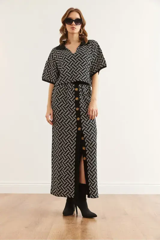 Woman Black Zigzag Patterned Skirted Knitwear Set - 2