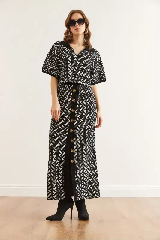 Woman Black Zigzag Patterned Skirted Knitwear Set - 3