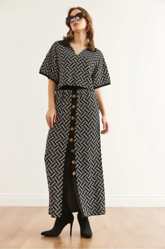 Woman Black Zigzag Patterned Skirted Knitwear Set - 4