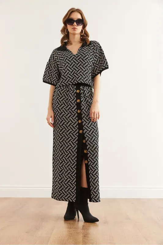 Woman Black Zigzag Patterned Skirted Knitwear Set - 2