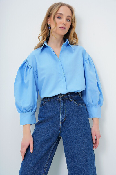 Woman Blue Balloon Sleeve Hidden Placket Basic Poplin Shirt 