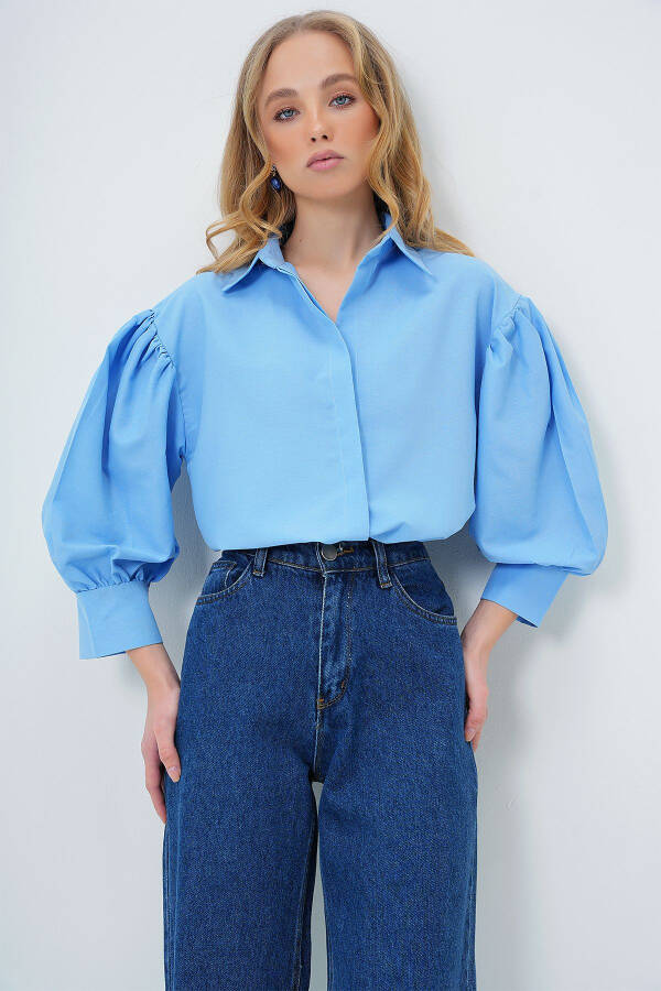 Woman Blue Balloon Sleeve Hidden Placket Basic Poplin Shirt - 4