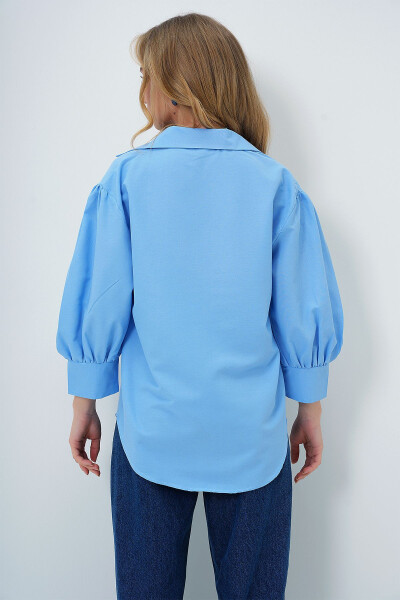 Woman Blue Balloon Sleeve Hidden Placket Basic Poplin Shirt - 6