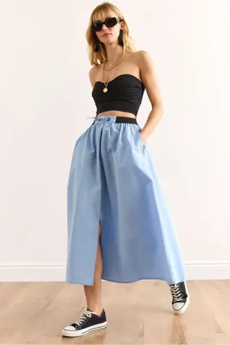 Woman Blue Black Banded Slit Front Lace-up Midi 