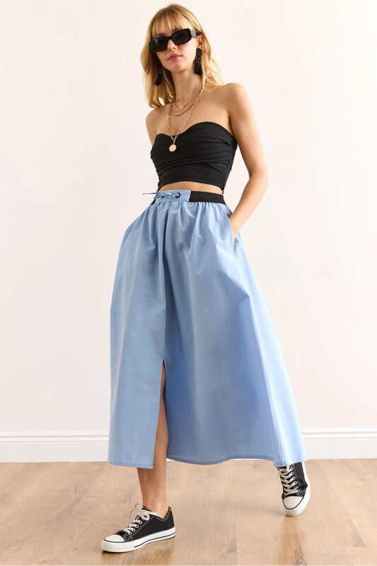 Woman Blue Black Banded Slit Front Lace-up Midi - OLALOOK
