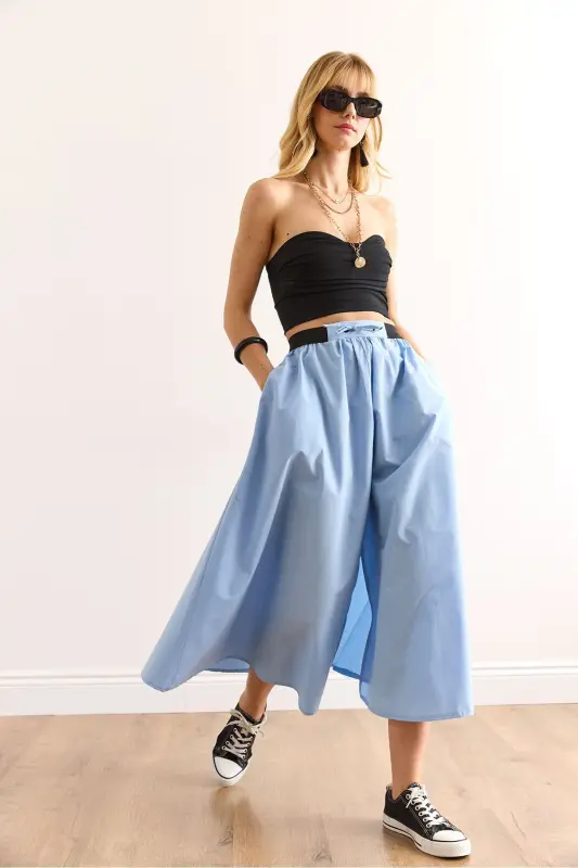 Woman Blue Black Banded Slit Front Lace-up Midi - 2