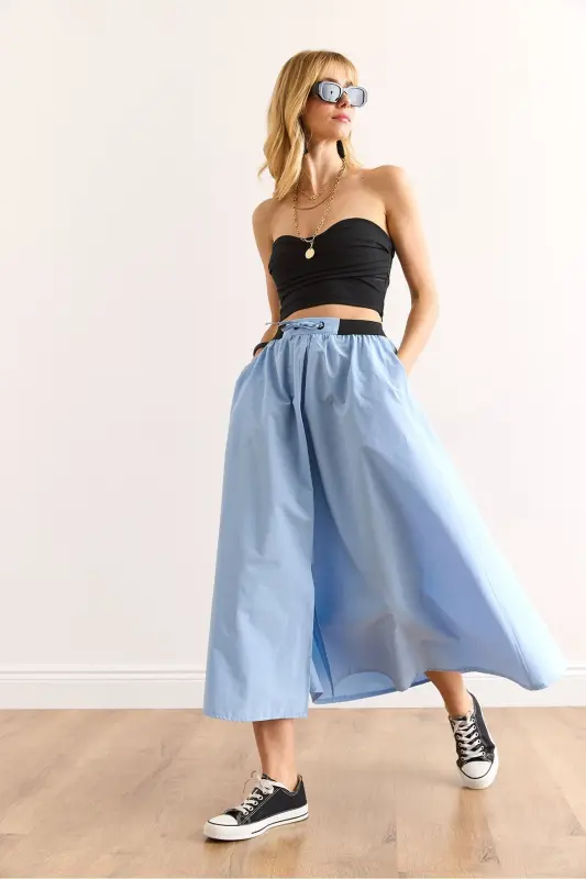 Woman Blue Black Banded Slit Front Lace-up Midi - 3