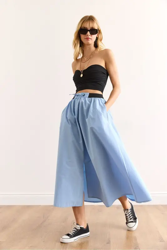 Woman Blue Black Banded Slit Front Lace-up Midi - 4