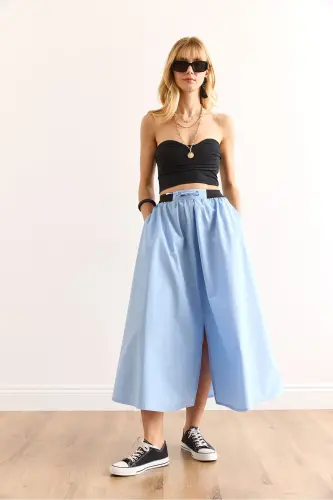 Woman Blue Black Banded Slit Front Lace-up Midi - 5