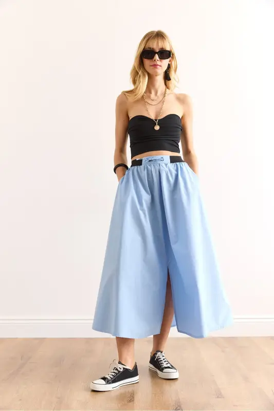 Woman Blue Black Banded Slit Front Lace-up Midi - 5