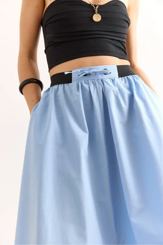 Woman Blue Black Banded Slit Front Lace-up Midi - 6