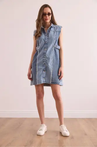 Woman Blue Color Detailed Denim Mini Shirt Dress E - OLALOOK (1)