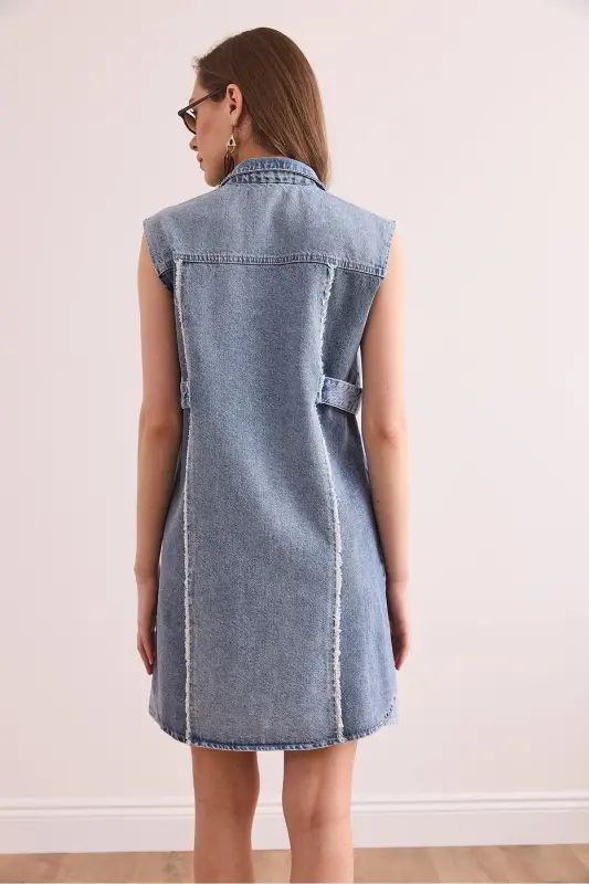 Woman Blue Color Detailed Denim Mini Shirt Dress E - 8