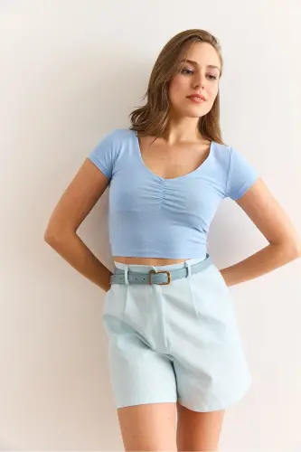 Woman Blue Crop Shirred Front Lycra Cotton T-Shirt T - 2