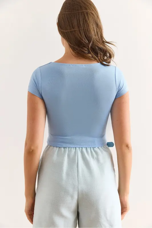 Woman Blue Crop Shirred Front Lycra Cotton T-Shirt T - 6