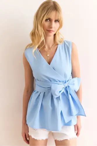 Woman Blue Crossover Collar Belted Woven Blouse BLZ-19 