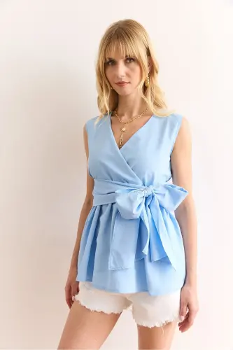 Woman Blue Crossover Collar Belted Woven Blouse BLZ-19 - 4