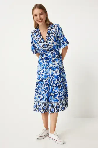 Woman Blue Ecru V Neck Elastic Waist Summer Viscose Dress CI00111-Blue Ecru - 1