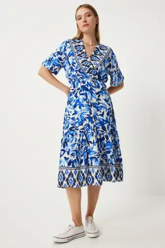 Woman Blue Ecru V Neck Elastic Waist Summer Viscose Dress CI00111-Blue Ecru - HAPPINESS İSTANBUL (1)