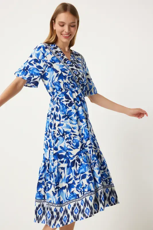 Woman Blue Ecru V Neck Elastic Waist Summer Viscose Dress CI00111-Blue Ecru - 3