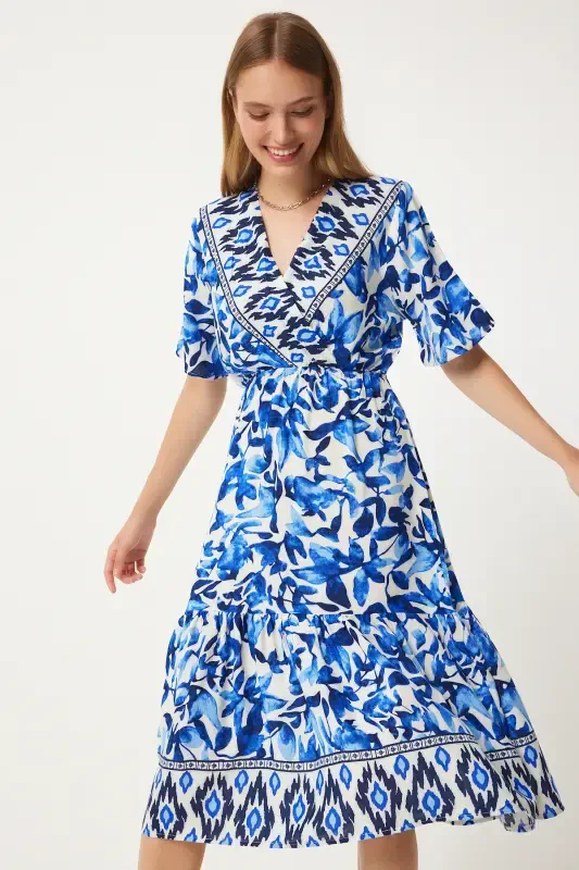 Woman Blue Ecru V Neck Elastic Waist Summer Viscose Dress CI00111-Blue Ecru - 4