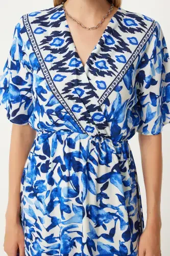 Woman Blue Ecru V Neck Elastic Waist Summer Viscose Dress CI00111-Blue Ecru - 5