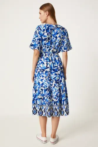 Woman Blue Ecru V Neck Elastic Waist Summer Viscose Dress CI00111-Blue Ecru - 6