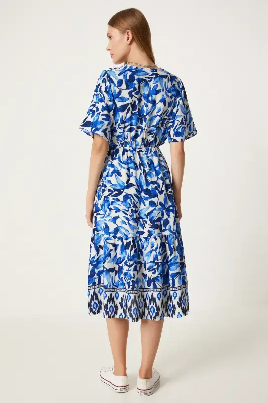 Woman Blue Ecru V Neck Elastic Waist Summer Viscose Dress CI00111-Blue Ecru - 6