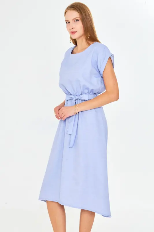 Woman Blue Elastic Waist Tie Dress ARM-18Y001133-Blue - 3