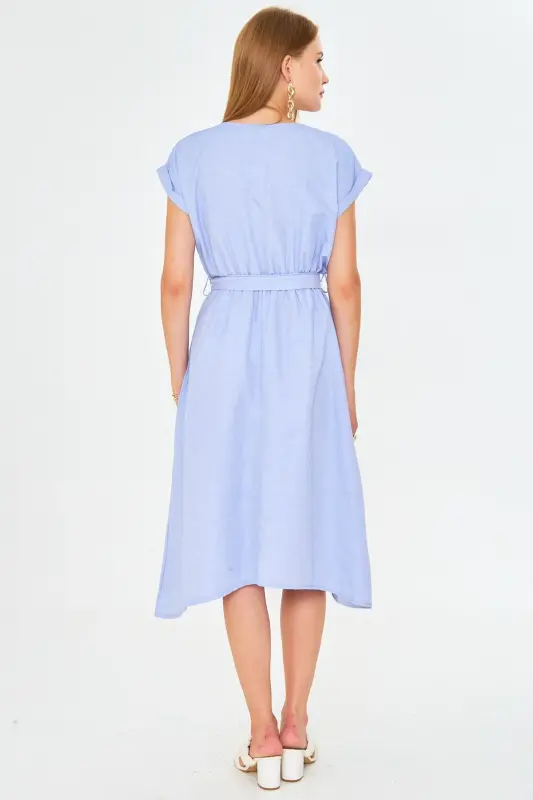 Woman Blue Elastic Waist Tie Dress ARM-18Y001133-Blue - 4