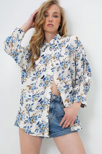 Woman Blue Floral Balloon Sleeve Patterned Printed Viscose Woven Shirt Alc-X9654-BLUE FLOWERED - 3