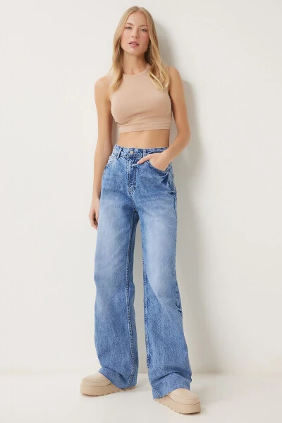 Woman Blue High Waist Wide Leg Jeans FN03425 - HAPPINESS İSTANBUL