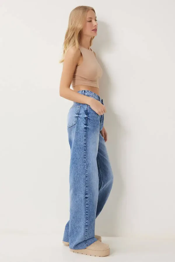 Woman Blue High Waist Wide Leg Jeans FN03425 - 3